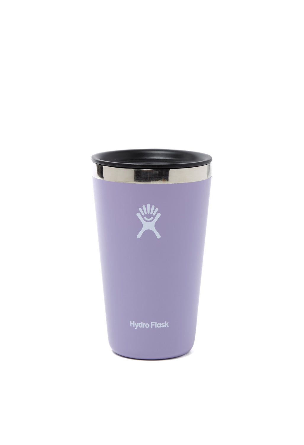 Lavender insulated tumbler cup with black lid and stainless steel rim, front view