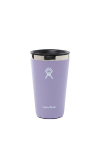 Lavender insulated tumbler cup with black lid and stainless steel rim, front view