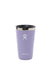 Lavender insulated tumbler cup with black lid and stainless steel rim, front view