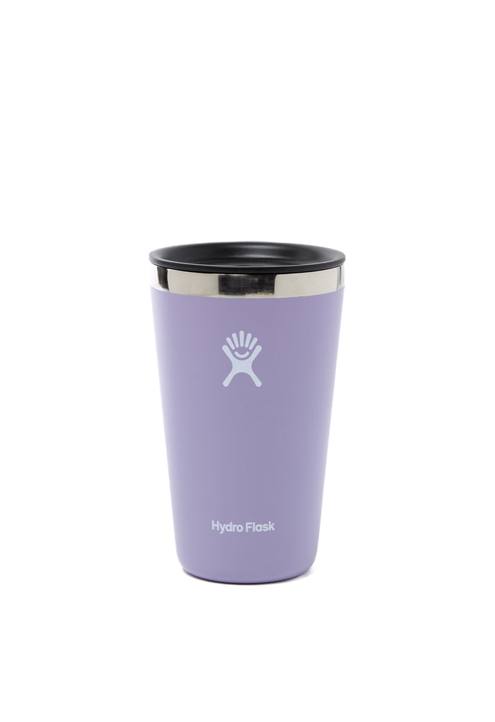 Lavender insulated tumbler cup with black lid and stainless steel rim, front view