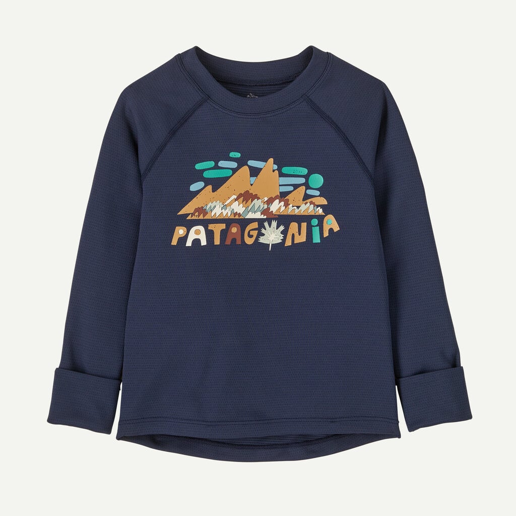 Children's dark navy long-sleeve crew neck base layer with mountain and foliage graphic print