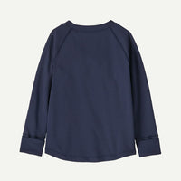 Dark navy long-sleeve crew neck top with textured fabric, back view showing raglan seams