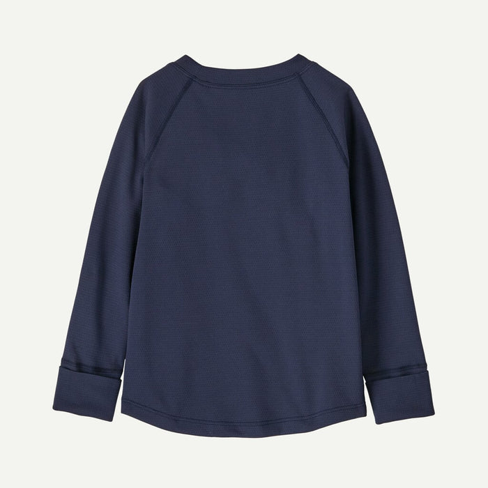 Dark navy long-sleeve crew neck top with textured fabric, back view showing raglan seams