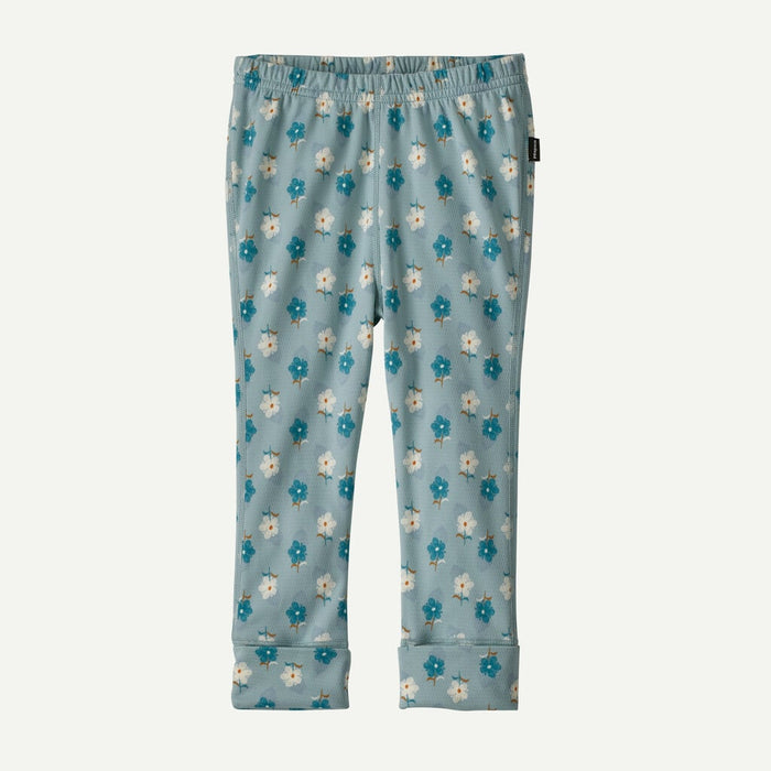 Baby leggings with elastic waistband featuring blue and white floral ditsy print, front view