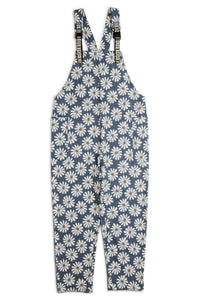 Blue overalls with white daisy floral pattern and adjustable straps, front view