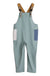 Light green overalls with brown adjustable straps and contrasting pocket details, front view