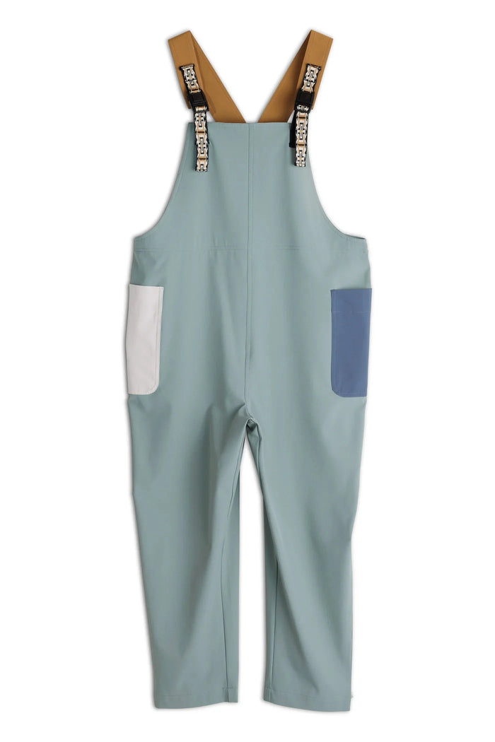 Light green overalls with brown adjustable straps and contrasting pocket details, front view