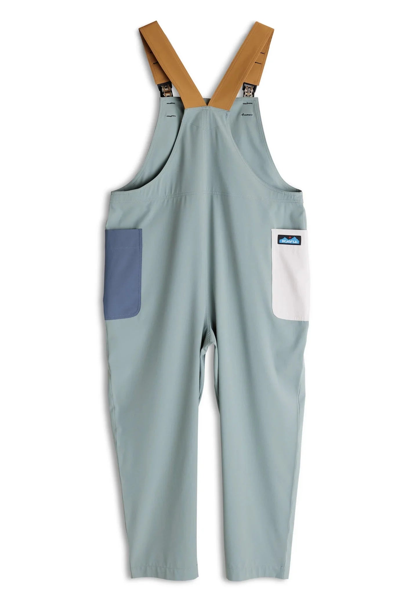 Light green overalls with adjustable tan straps and contrasting pocket details, front view