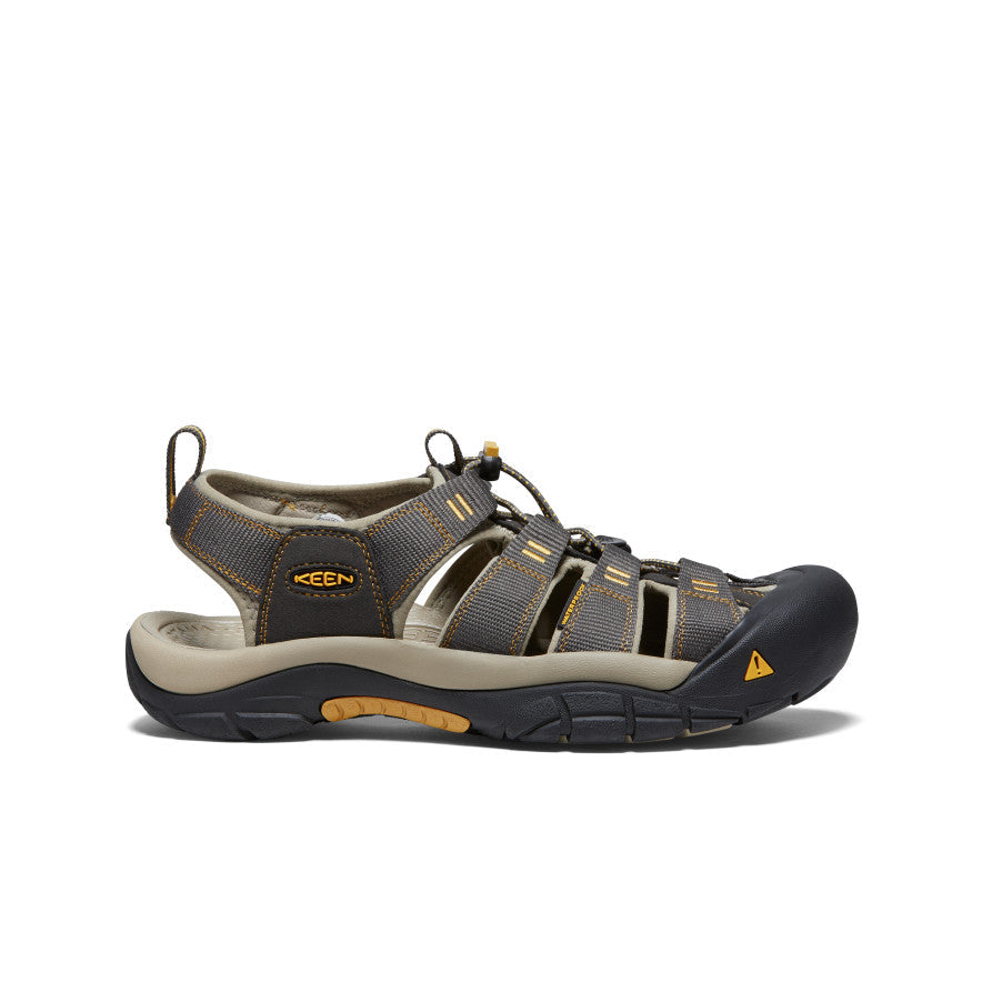 Dark gray sport sandal with protective toe cap and adjustable straps, side view