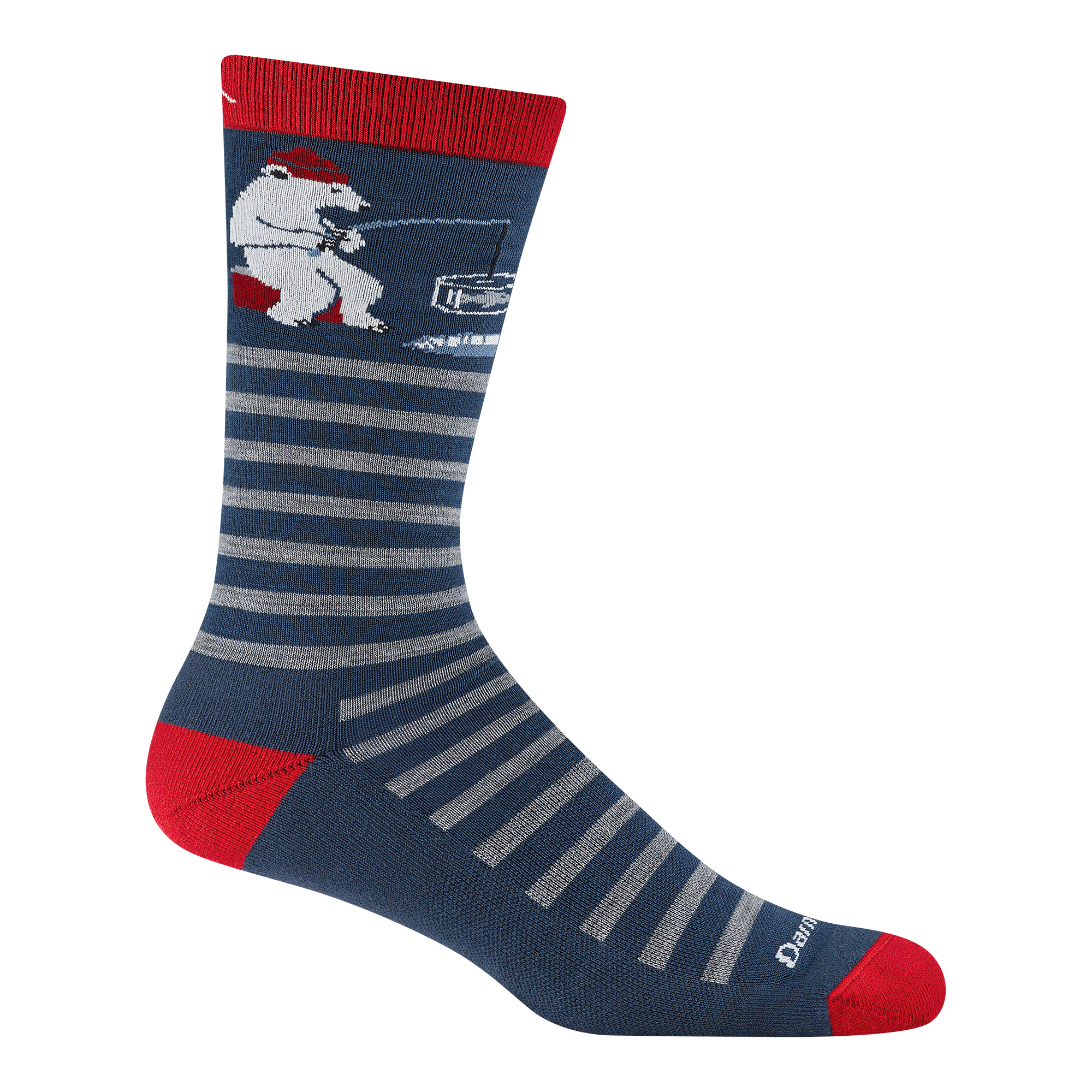 Navy striped crew sock with red accents and white polar bear holding a drink graphic