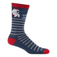 Navy striped crew sock with red accents and white polar bear holding a drink graphic