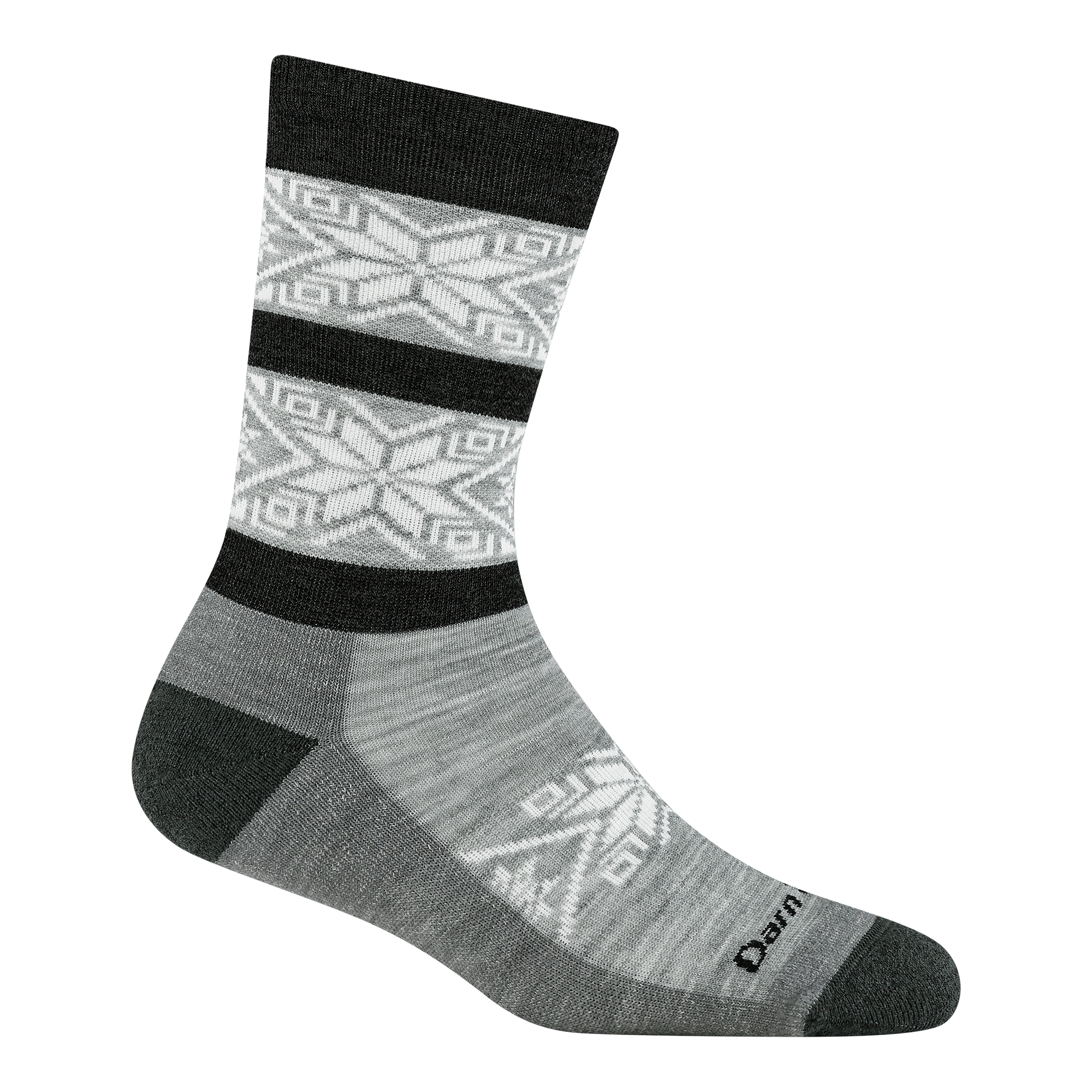 Crew-length wool sock with geometric snowflake pattern, black stripes, and gray base, side view