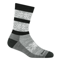 Crew-length wool sock with geometric snowflake pattern, black stripes, and gray base, side view