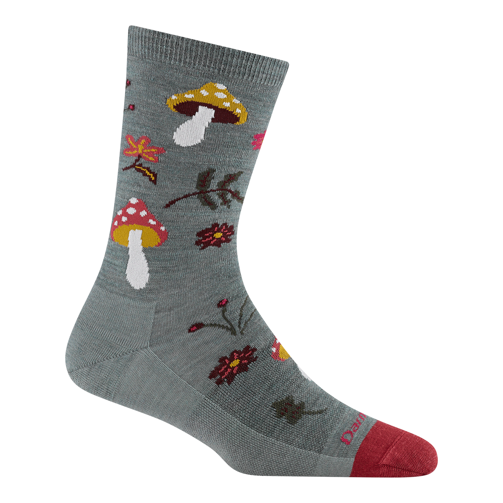 Sage green crew sock with mushroom and floral pattern, red toe, side view