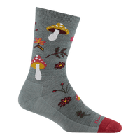 Sage green crew sock with mushroom and floral pattern, red toe, side view