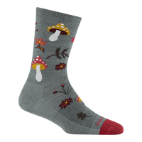Sage green crew sock with mushroom and floral pattern, red toe, side view
