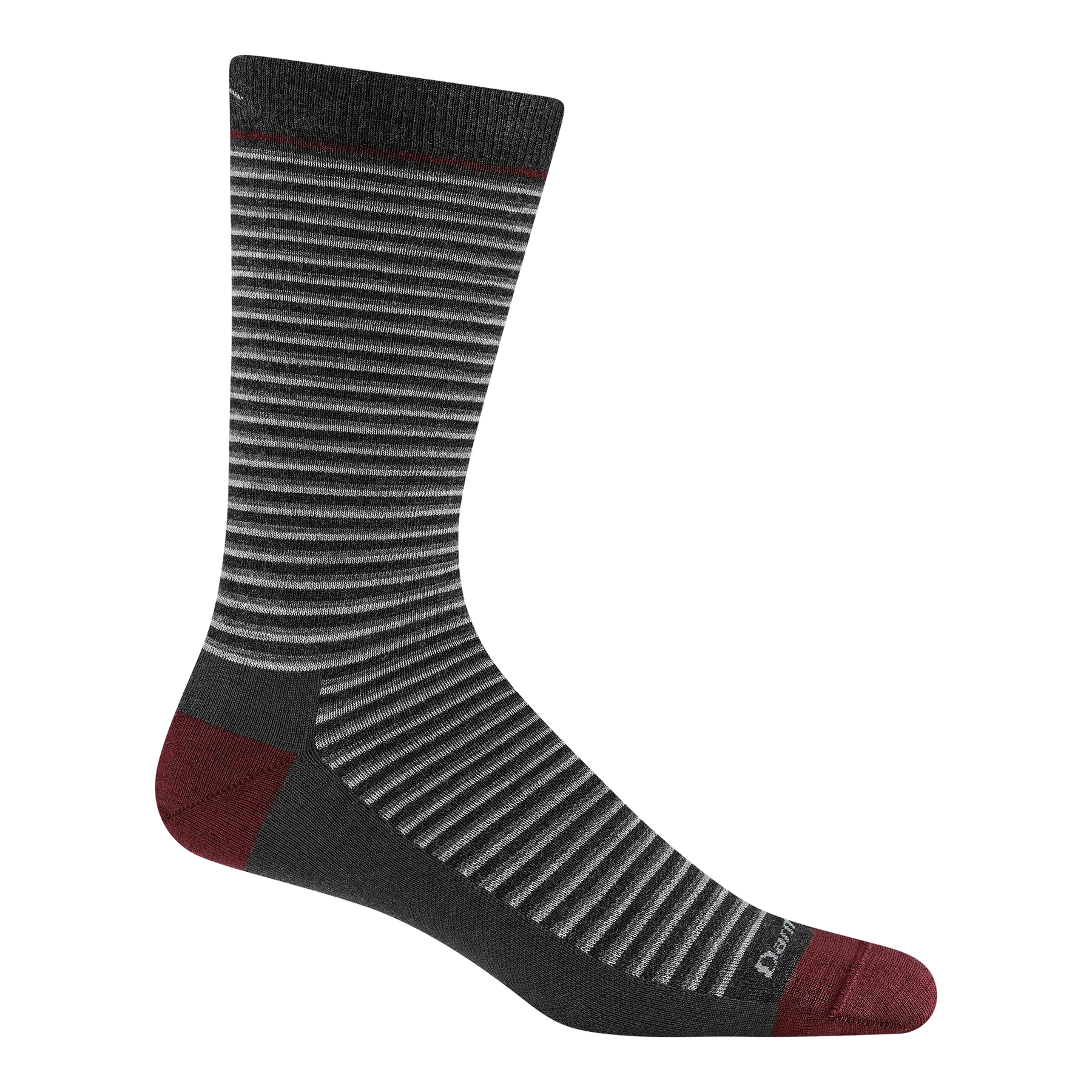 Crew-length sock with horizontal gray stripes and burgundy heel, toe, and cuff accents, side view