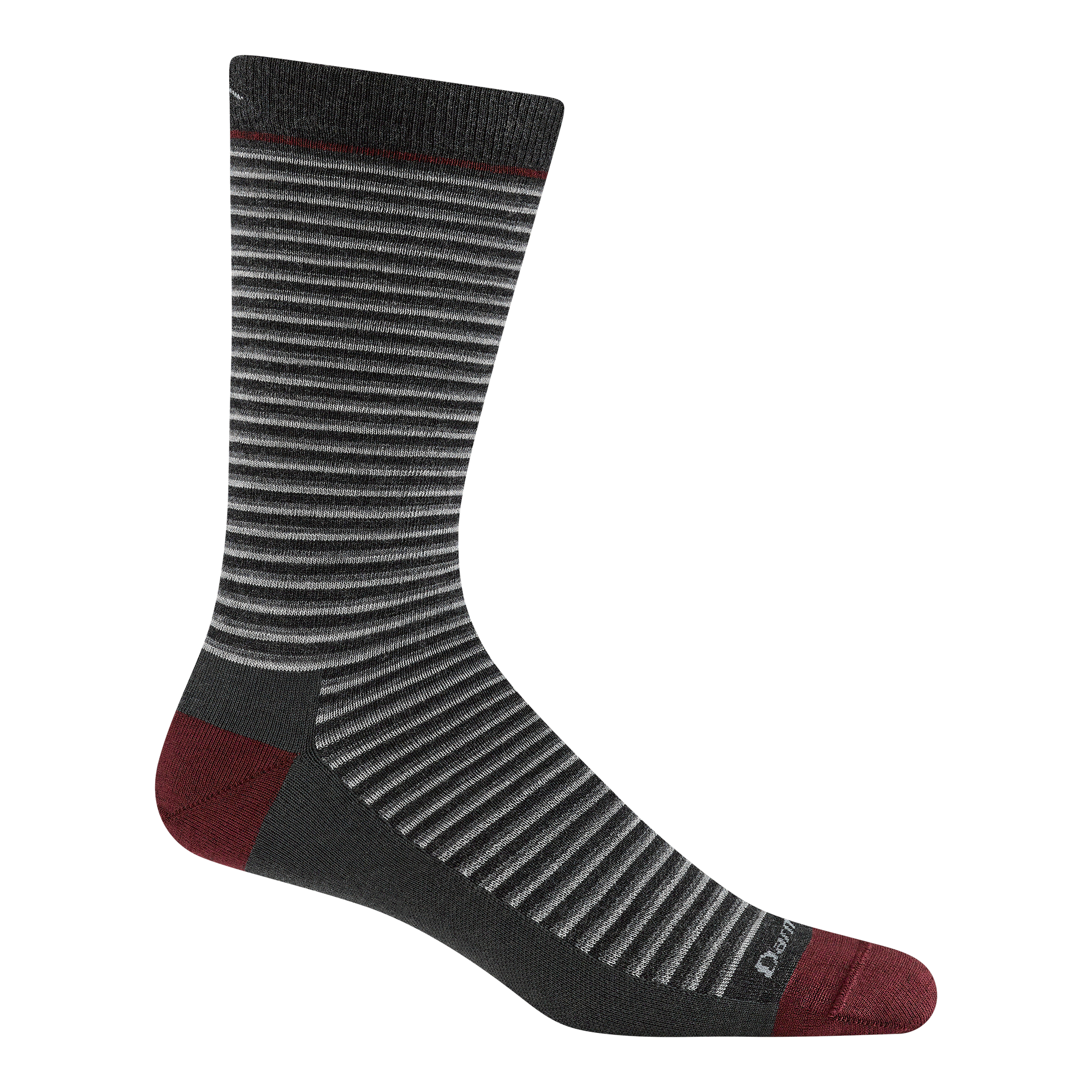 Crew-length sock in charcoal with gray horizontal stripes and dark red heel and toe accents
