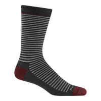 Crew-length sock in charcoal with gray horizontal stripes and dark red heel and toe accents