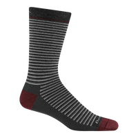 Crew-length sock with horizontal gray stripes and burgundy heel, toe, and cuff accents, side view