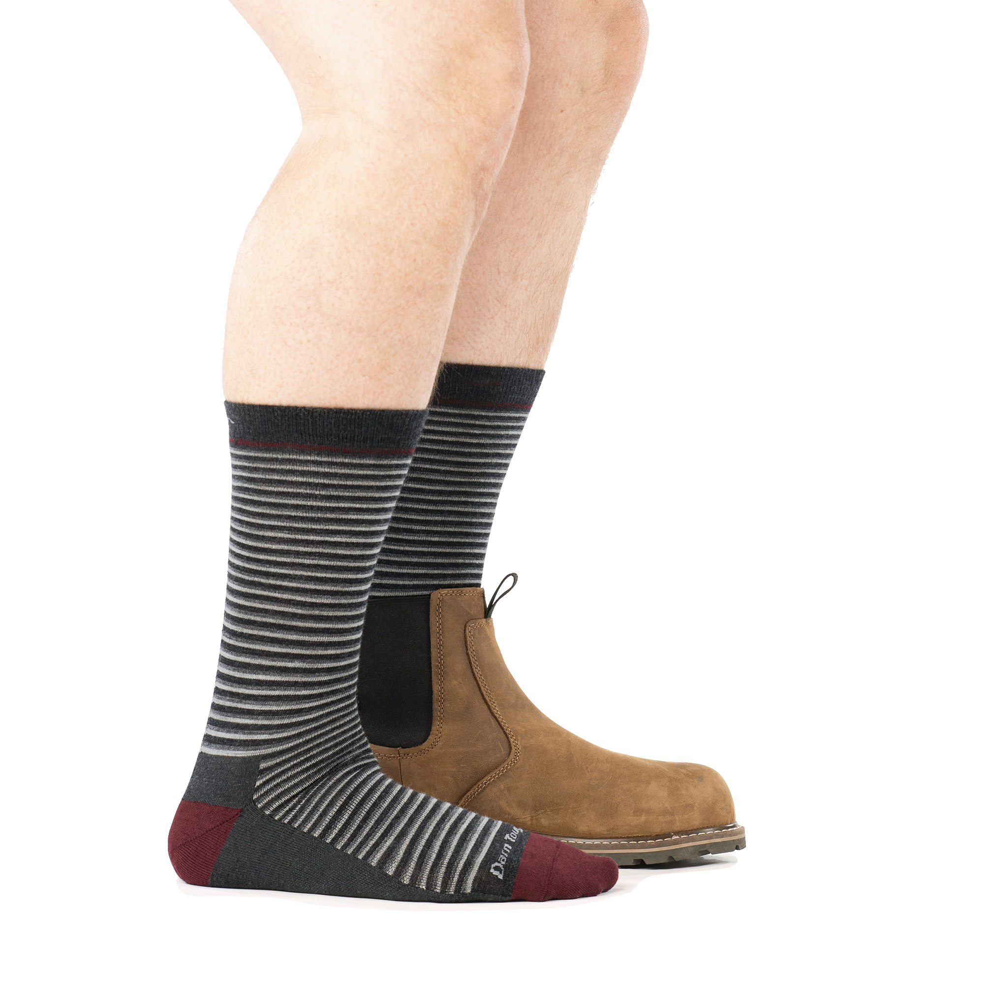 Striped crew socks in charcoal gray with burgundy heel and toe, worn with brown Chelsea boot