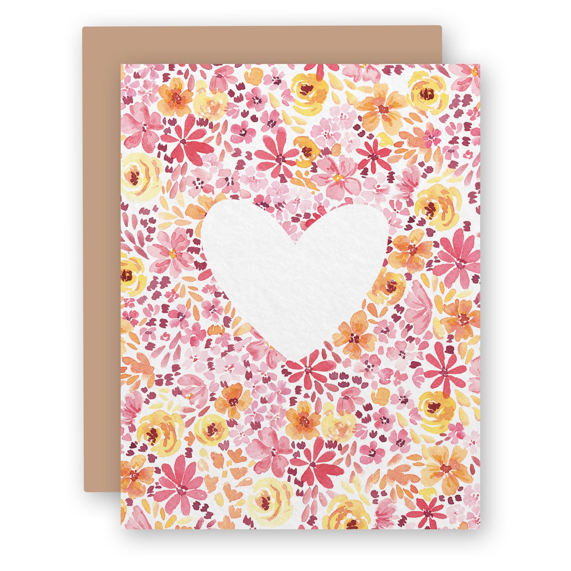 Greeting card with watercolor floral pattern and white heart cutout, shown with brown envelope