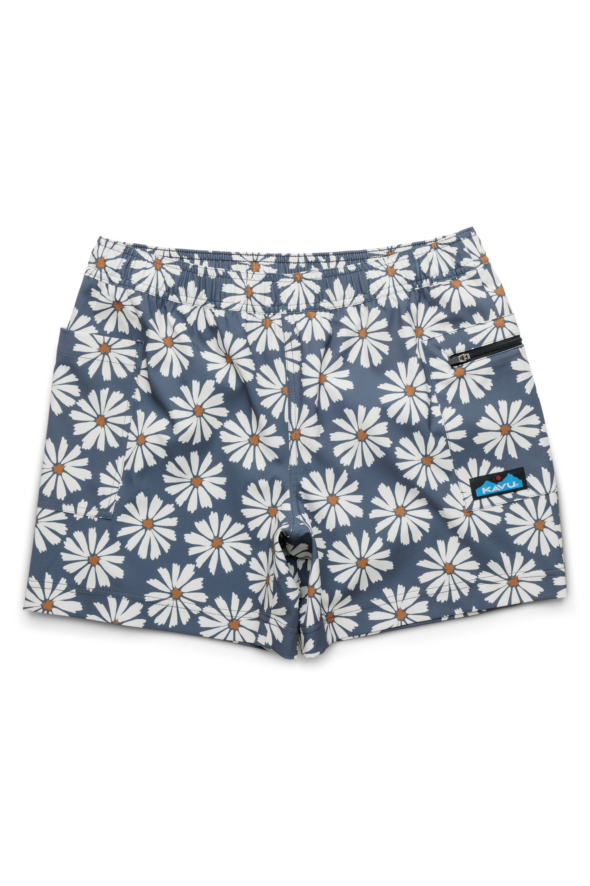 Women's shorts with blue background and white daisy floral pattern, flat lay view