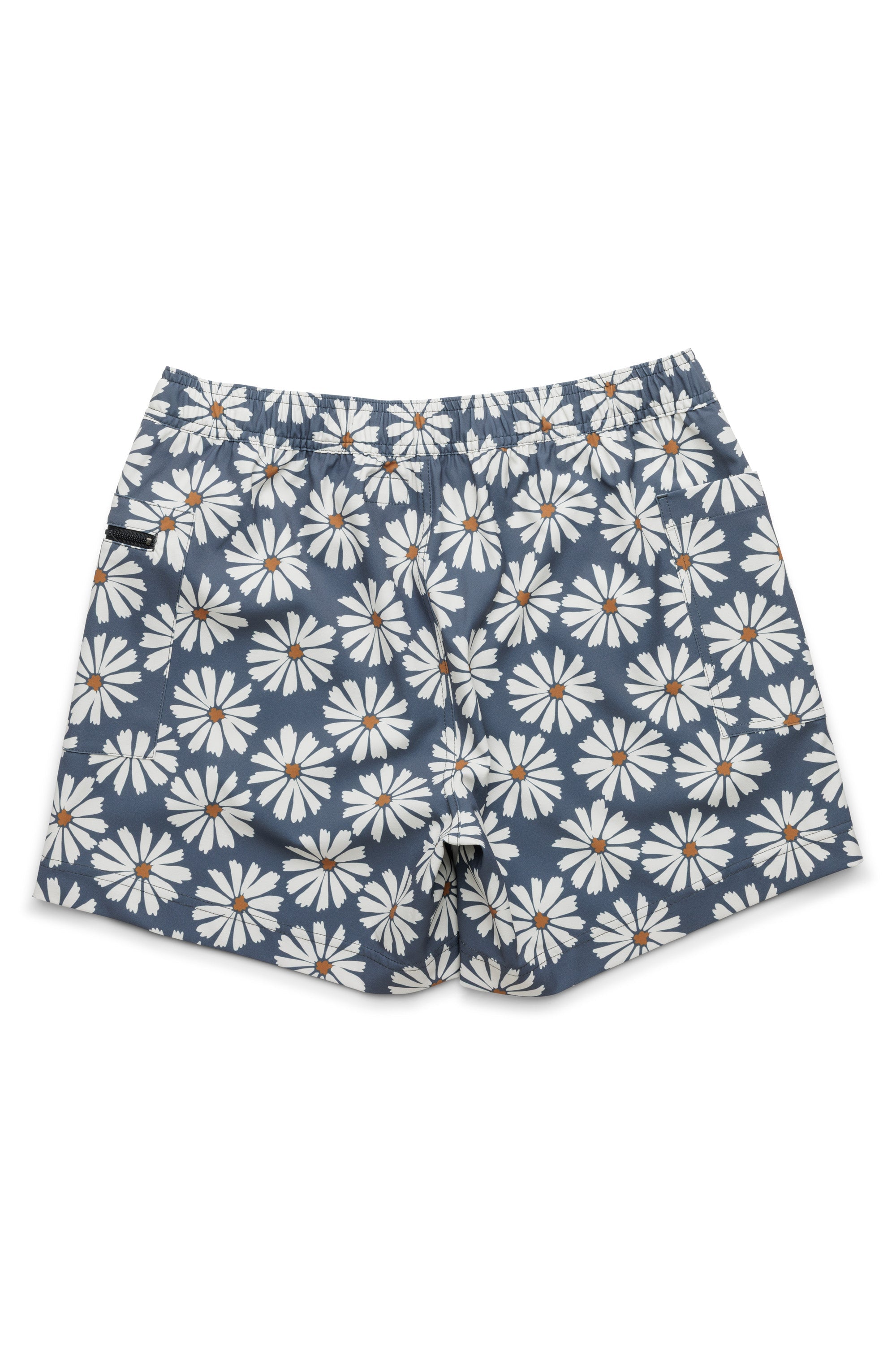 Women's shorts with blue background and white daisy floral print, flat lay view