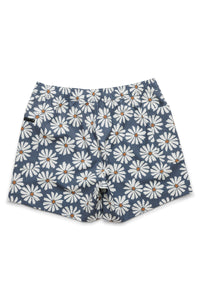 Women's shorts with blue background and white daisy floral print, flat lay view