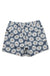 Women's shorts with blue background and white daisy floral print, flat lay view