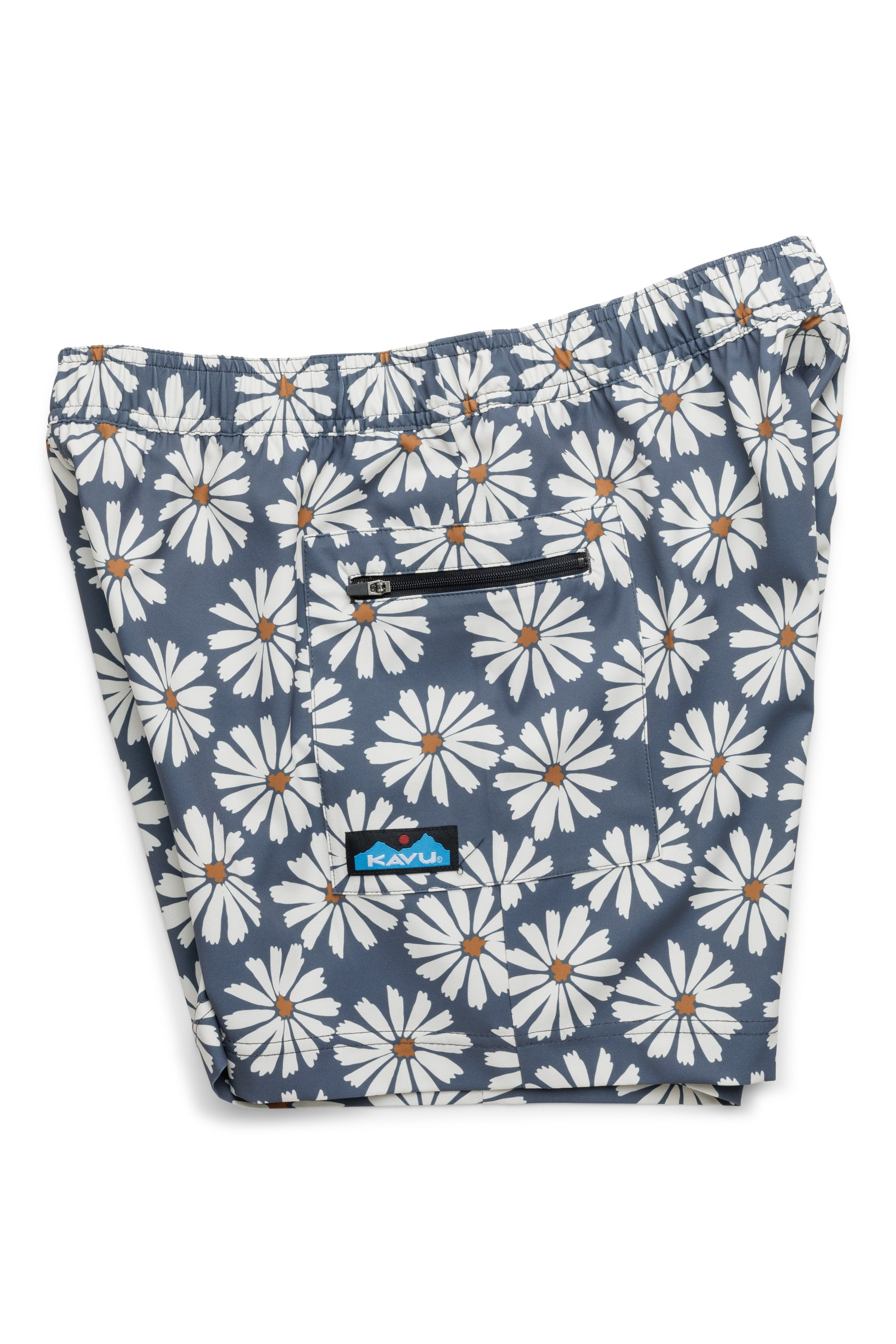 Women's shorts with blue-gray background and white daisy floral pattern, featuring zippered pocket