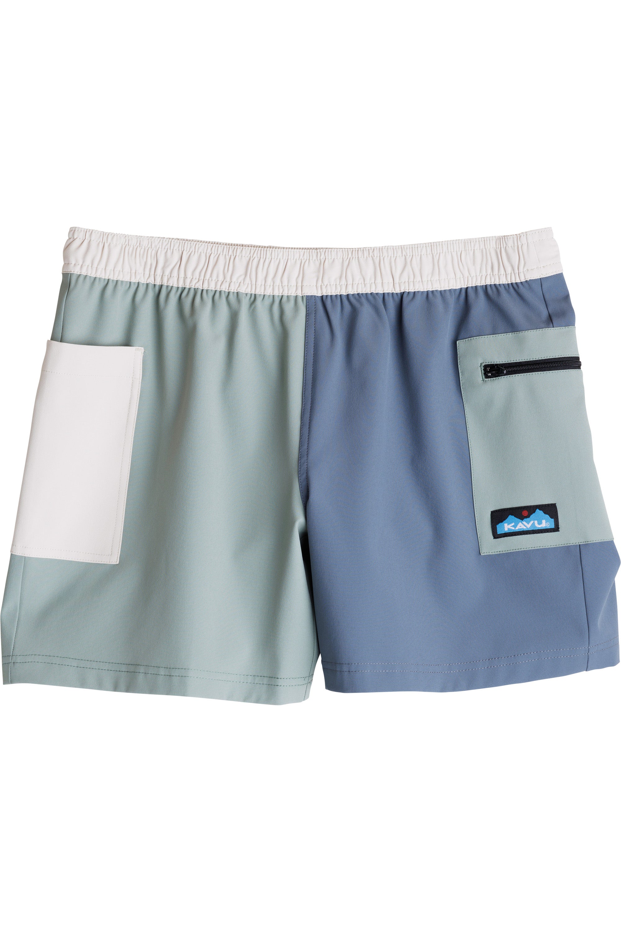 Colorblock athletic shorts with mint green, blue-gray and white panels, elastic waistband and zippered pocket