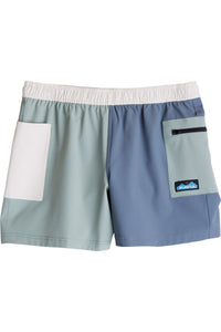 Colorblock athletic shorts with mint green, blue-gray and white panels, elastic waistband and zippered pocket