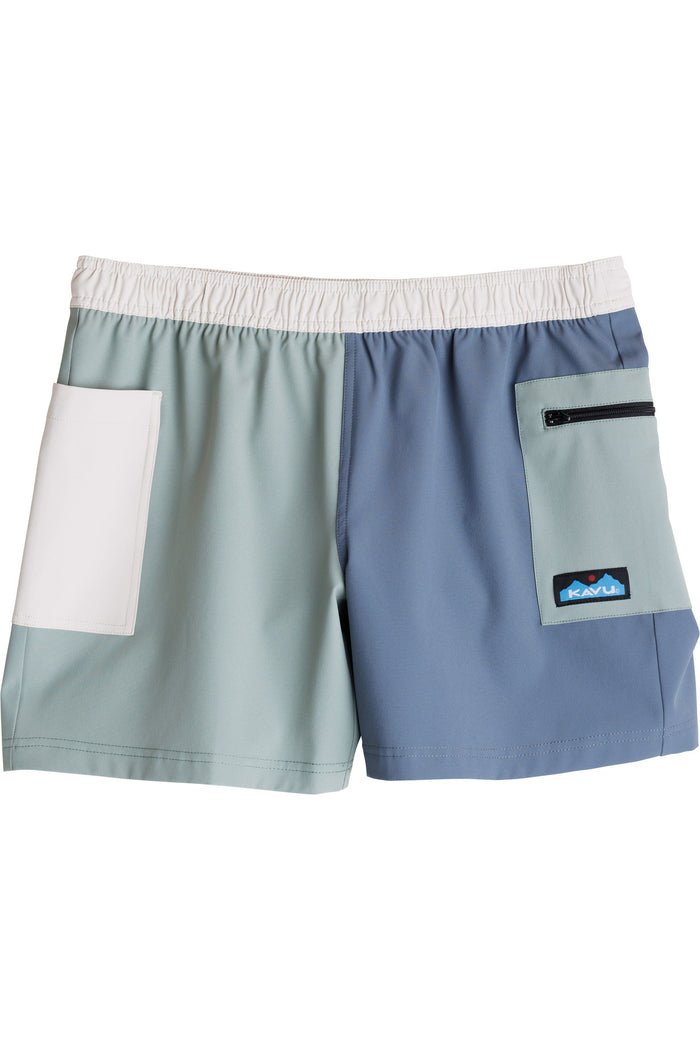 Colorblock athletic shorts with mint green, blue-gray and white panels, elastic waistband and zippered pocket