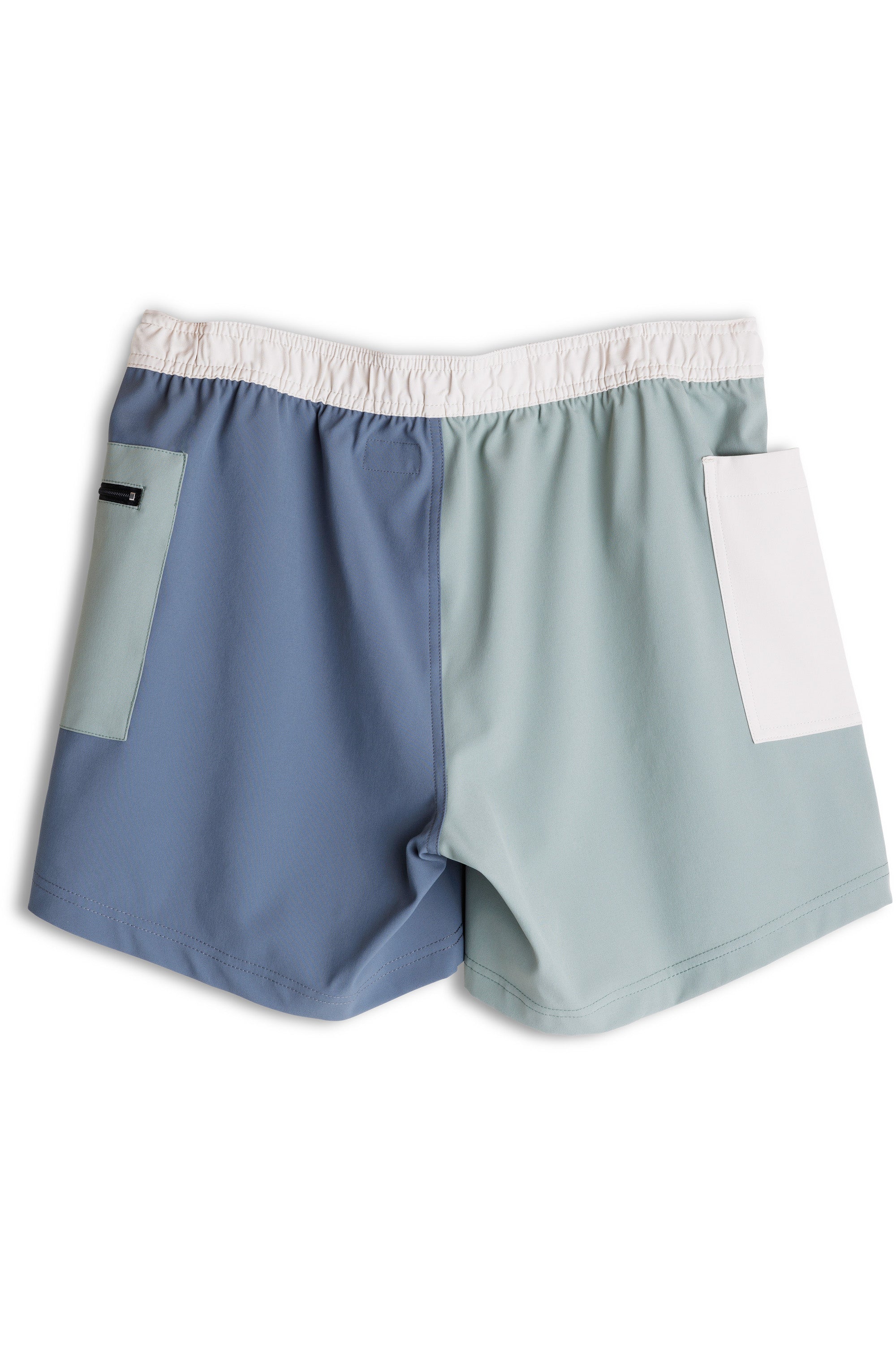 Colorblock athletic shorts with elastic waistband featuring blue, green, and white panels with side pockets