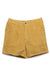 Mustard yellow corduroy shorts with front pockets and single button closure, flat lay view