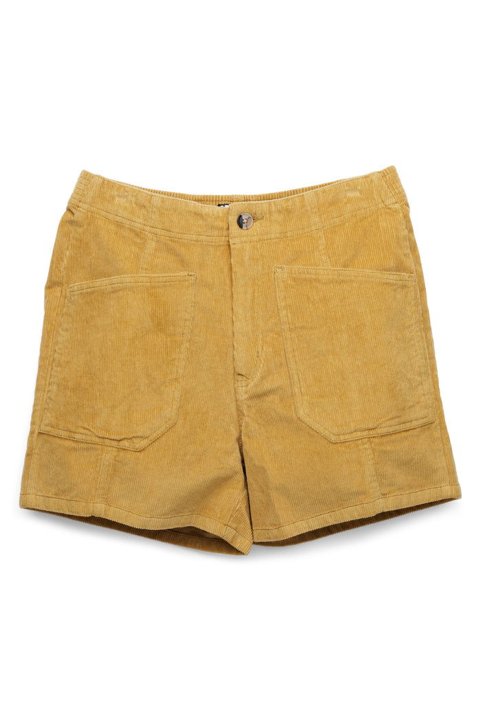 Mustard yellow corduroy shorts with front pockets and single button closure, flat lay view
