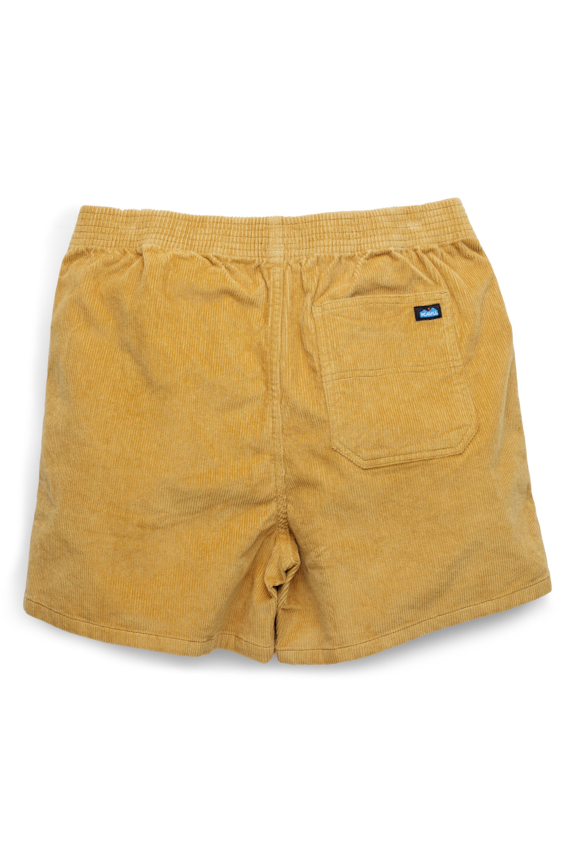 Mustard yellow corduroy shorts with elastic waistband and back pocket, rear view