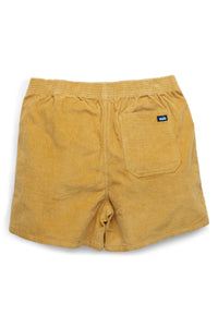 Mustard yellow corduroy shorts with elastic waistband and back pocket, rear view
