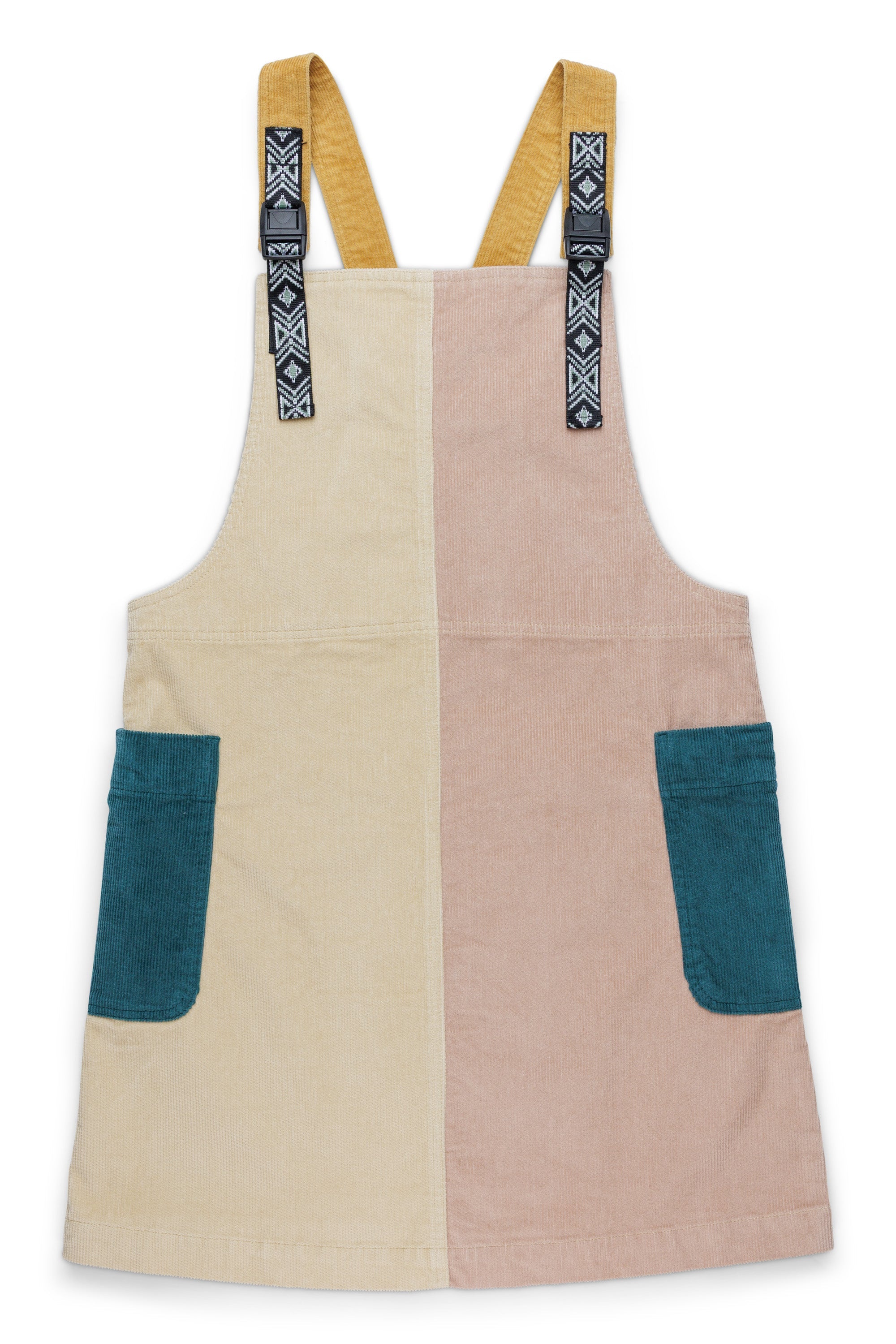 Colorblock corduroy jumper dress with geometric patterned shoulder straps and contrasting pocket details