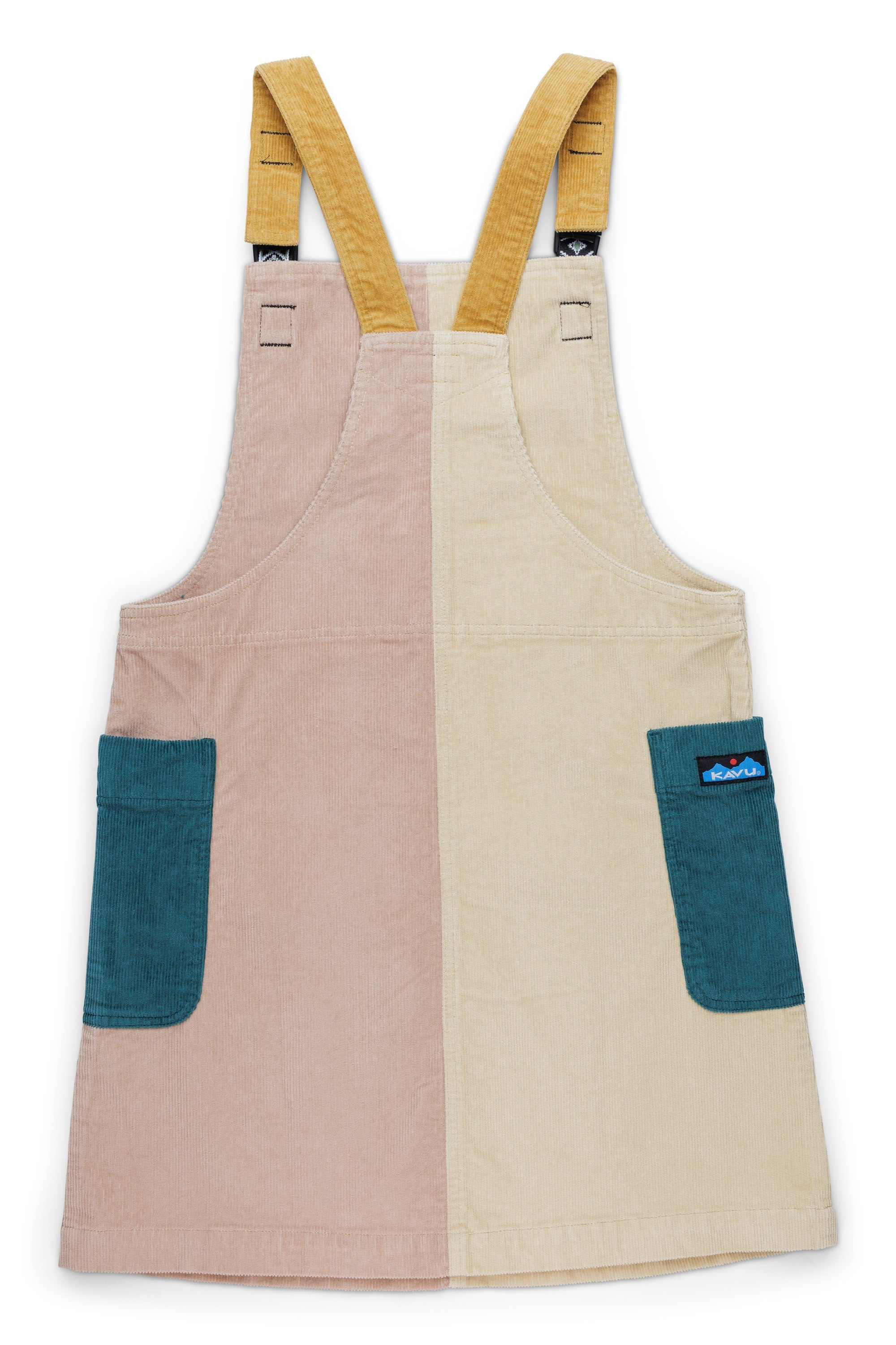 Colorblock corduroy jumper dress with adjustable straps and contrasting patch pockets, front view