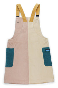 Colorblock corduroy jumper dress with adjustable straps and contrasting patch pockets, front view