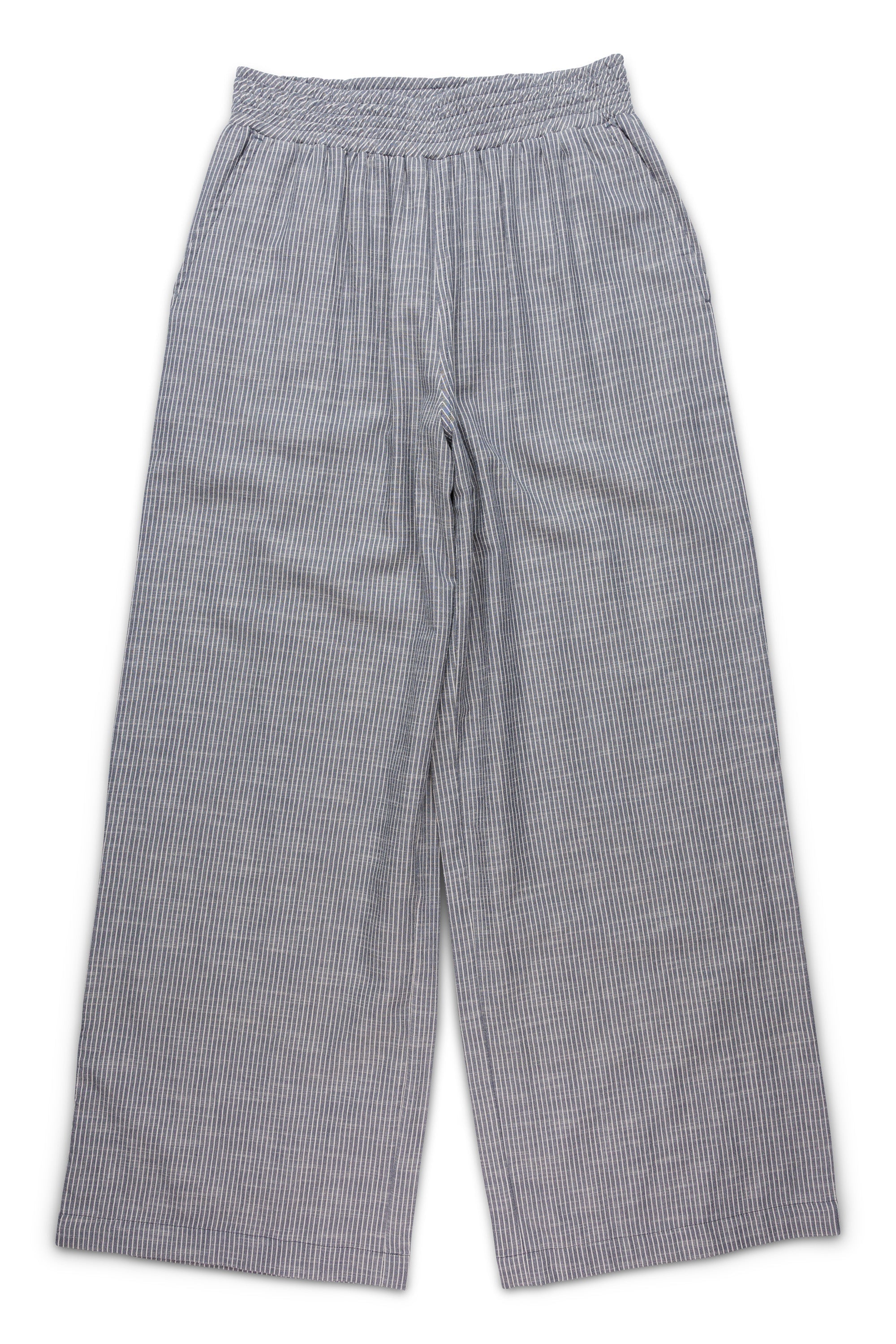 Gray pinstriped wide-leg pants with elastic smocked waistband, front view