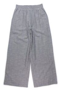 Gray pinstriped wide-leg pants with elastic smocked waistband, front view