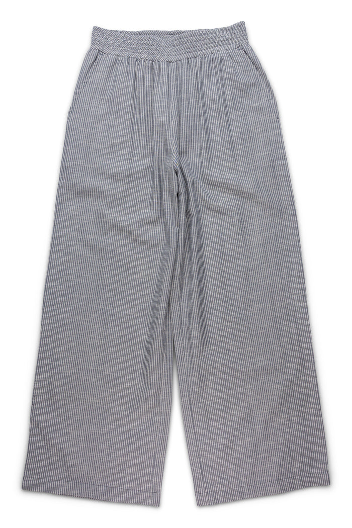 Gray pinstriped wide-leg pants with elastic smocked waistband, front view