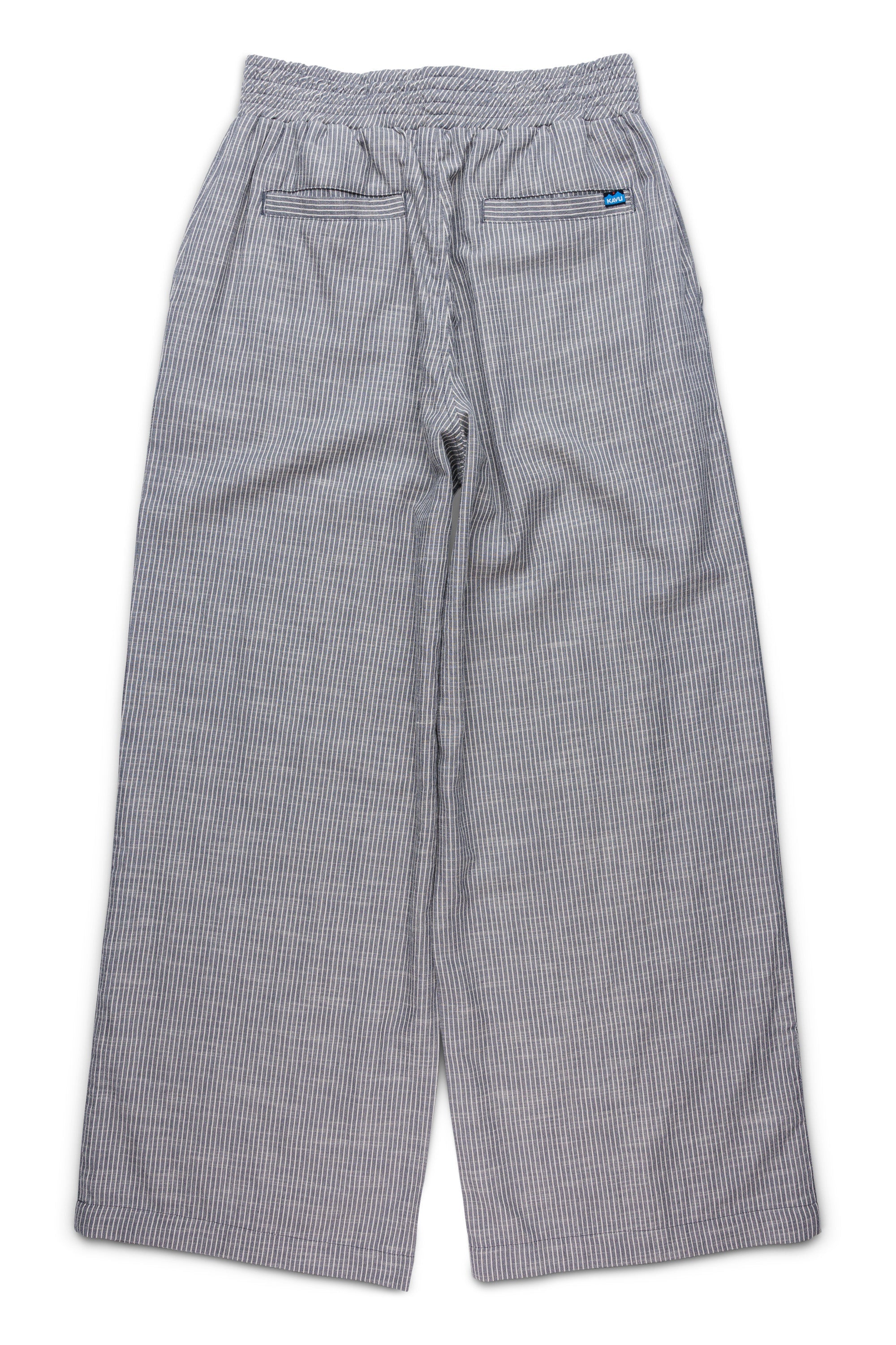 Wide-leg pants with gray and white pinstripe pattern, elastic waistband, back view showing pockets
