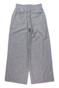 Wide-leg pants with gray and white pinstripe pattern, elastic waistband, back view showing pockets