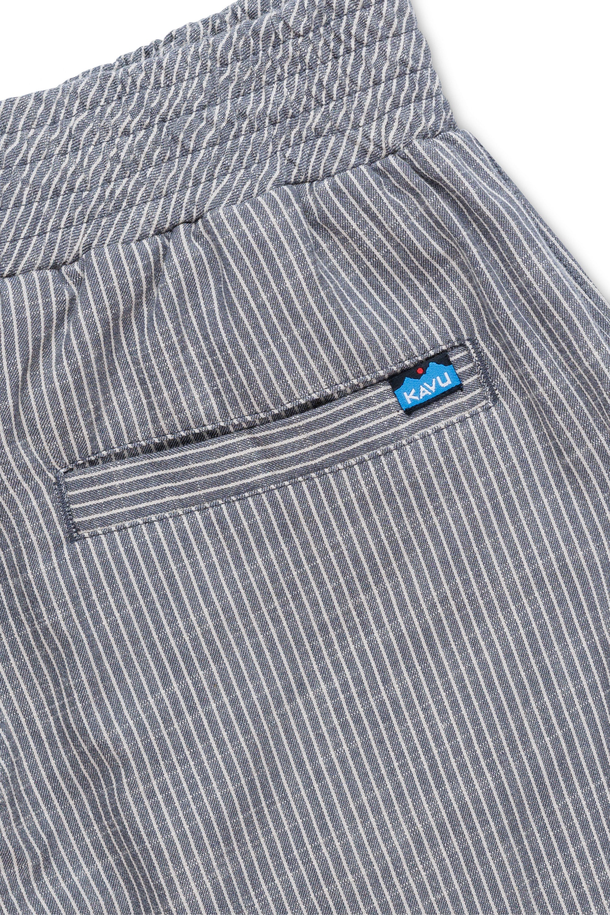 Gray striped women's pants with elastic waistband and side pocket detail