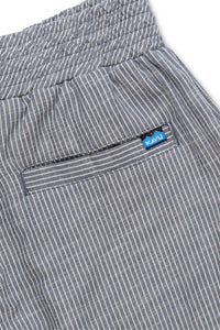 Gray striped women's pants with elastic waistband and side pocket detail