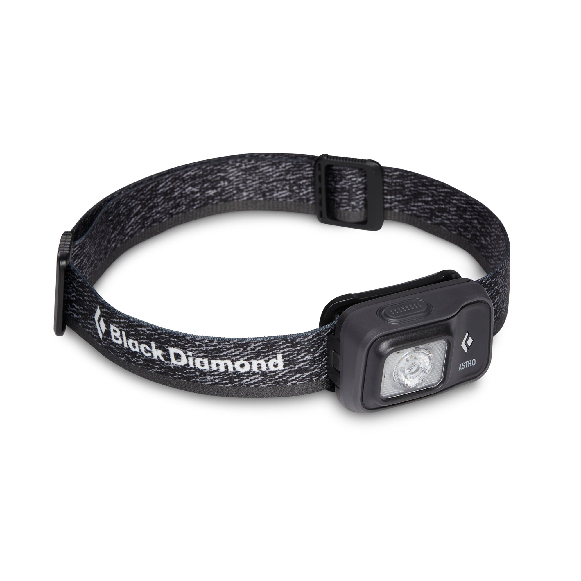 Compact headlamp with adjustable heathered gray strap and single LED lens, angled view